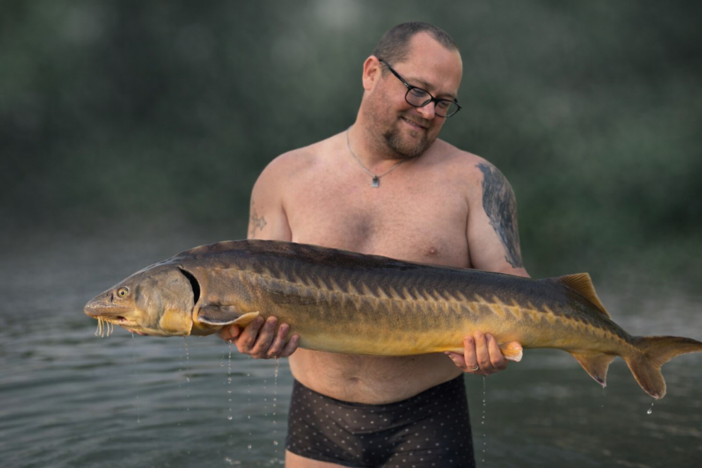 homme et esturgeon au crépuscule