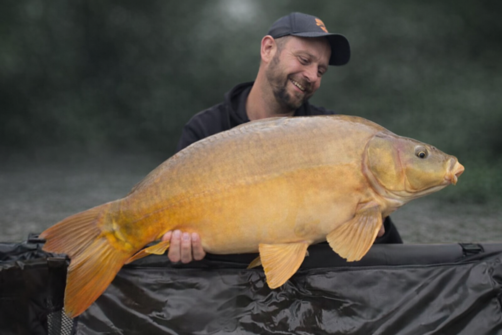 Carpe en Batterie- Etang 2 - 48h pêcheur et carpe miroir souriant